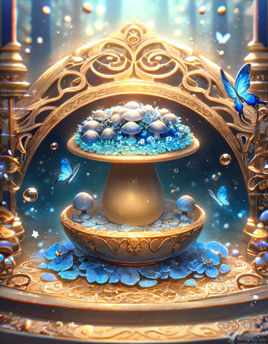 absurdres, highres, ultra detailed, HDR, master piece, best quality, extremely detailed, cute blue mushroom with face, cute, small, solo, magical, fantasy, magic, blue forest, glittering, blue butterflies, blue petals, blue flowers