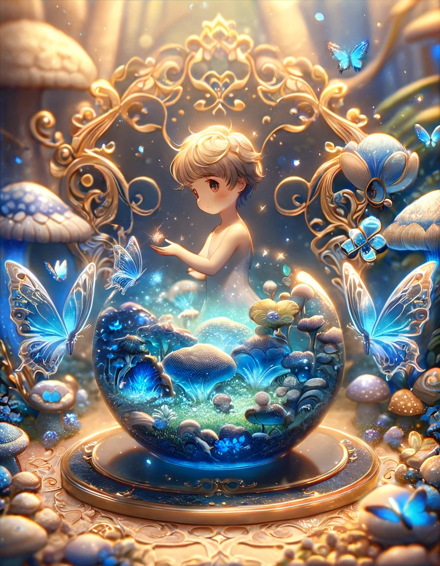 absurdres, highres, ultra detailed, HDR, master piece, best quality, extremely detailed, cute blue mushroom with face, cute, small, solo, magical, fantasy, magic, blue forest, glittering, blue butterflies, blue petals, blue flowers