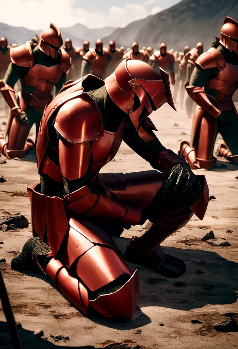 several spartan warriors, dying , bloody armor, on battlefield, on his knees, epic, 8K