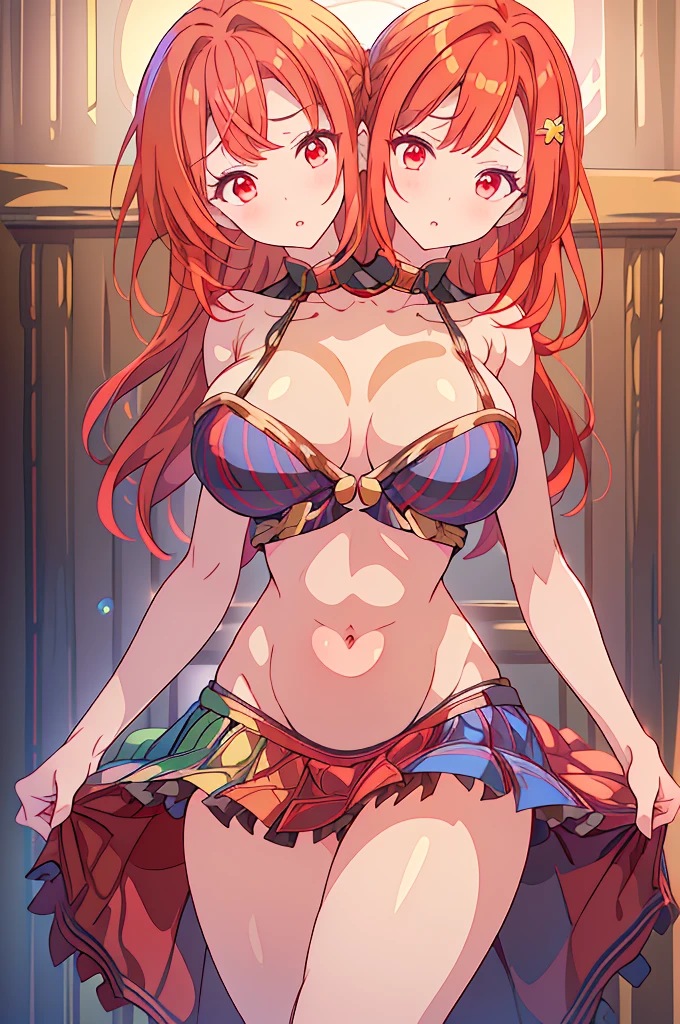 (masterpiece, best quality), best quality, (ultra-detailed), (3heads:1.5), 1girl, (hecatia lapislazuli:1.3), masterpiece, (high quality), (high resolution), (best quality:1.5, highres, UHD), highres, absurdo, ultra detail, ultra quality black top, crop top, ((stomach)), midriff, ((groin)), plaid skirt, miniskirt, multicolored skirt, normal ears, shackles, red hair, very long hair, wavy hair, sidelocks, red eyes, parted lips, open belly, sweat, cute, toned belly, hand on own chest, eyelashes, (24 year old woman:1.3), (masterpiece:1.5), (best quality:1.5), (beautiful detailed), extremely detailed CG, extremely delicate and beautiful, depth of field, (finely detailed face), (perfect details:1.2), (mature female:1.3), wide pelvis, slender, large veiny breast, 16k resolution, high quality, high definition, extremely detailed, masterpiece, best quality, red hair, long hair, alluring presence, twin braid, short skirt, close up, very big tits, huge , young, striped, earth (ornament), moon (ornament), girl with three heads, three headed girl, ((redhead)),