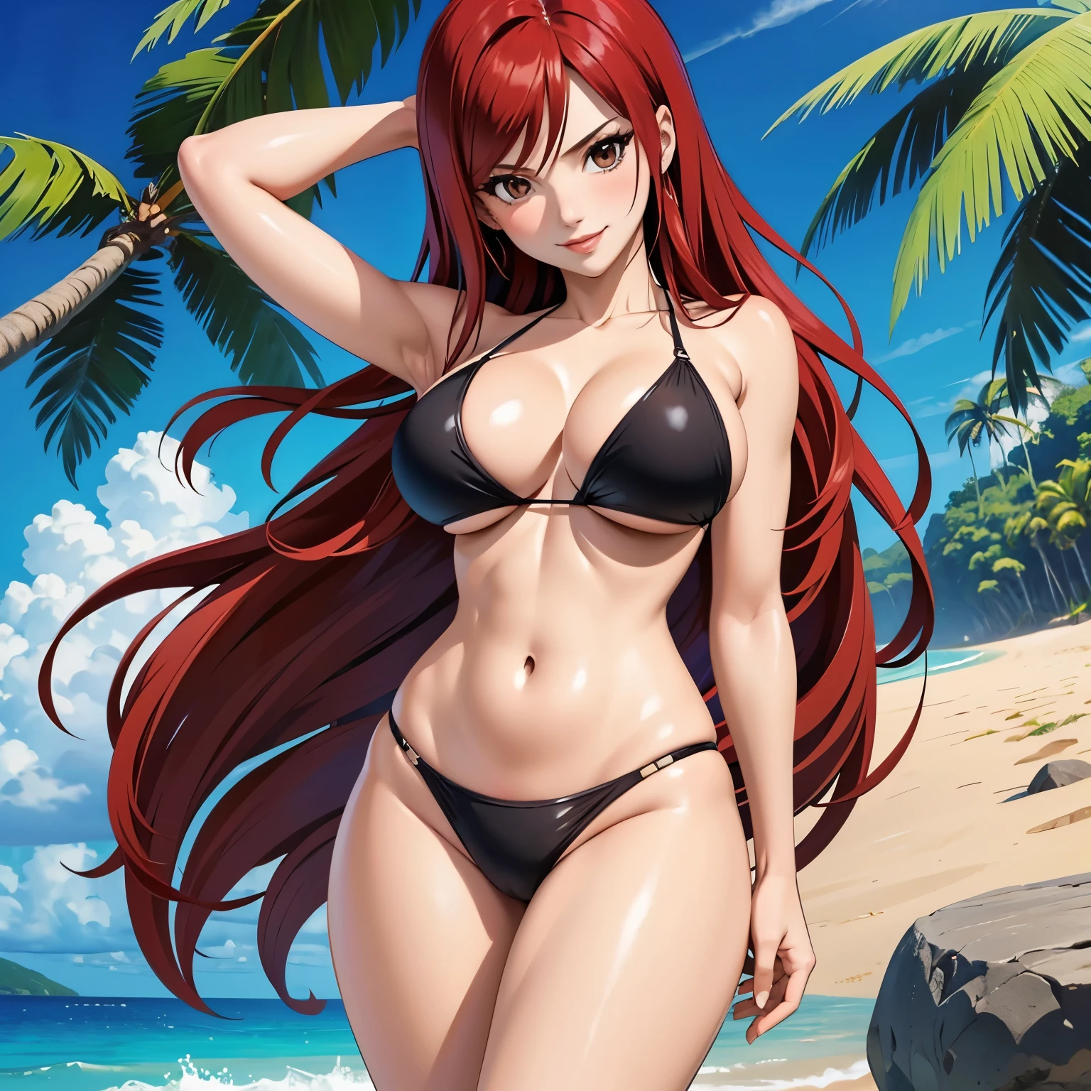 Erza Scarlet, 25 year old woman,  scarlet hair shine, Brown eyes, big breasts, SMILE, black bikini,  background a tropical beach.