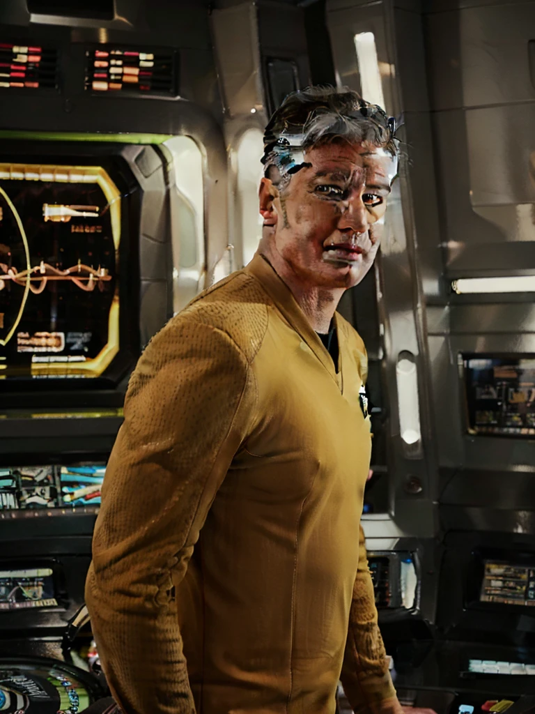 David Lynch in yellow stsnwunf uniform,on starship bridge,