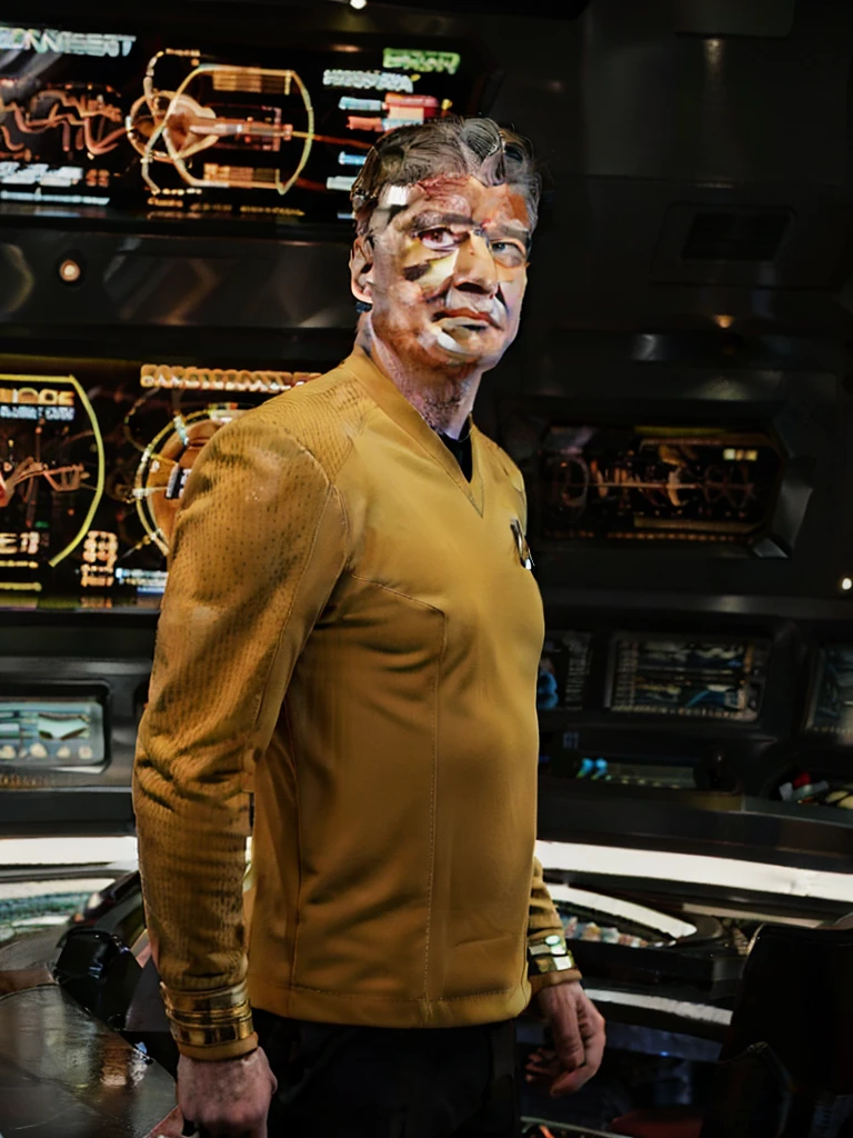 David Lynch in yellow stsnwunf uniform,on starship bridge,