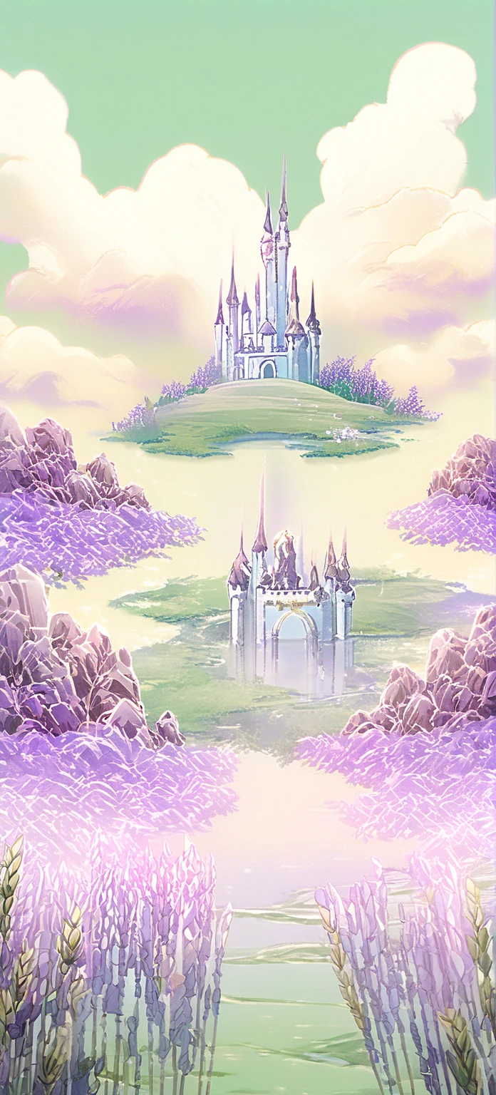 Cristal pillars of a castle made of diamonds in front and floor made of light crystals lilac backgroud of lavender fields, sky background light blue with clouds, fields green with mounts background