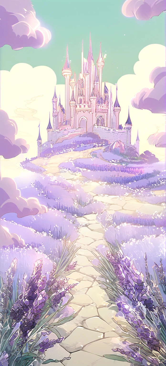 Cristal pillars of a castle made of diamonds in front and floor made of light crystals lilac backgroud of lavender fields, sky background light blue with clouds, fields green with mounts background