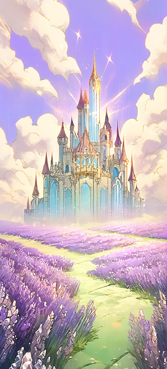 Cristal pillars of a castle made of diamonds in front and floor made of light crystals lilac   backgroud of lavender fields, sky background light blue with clouds, fields green with mounts background 