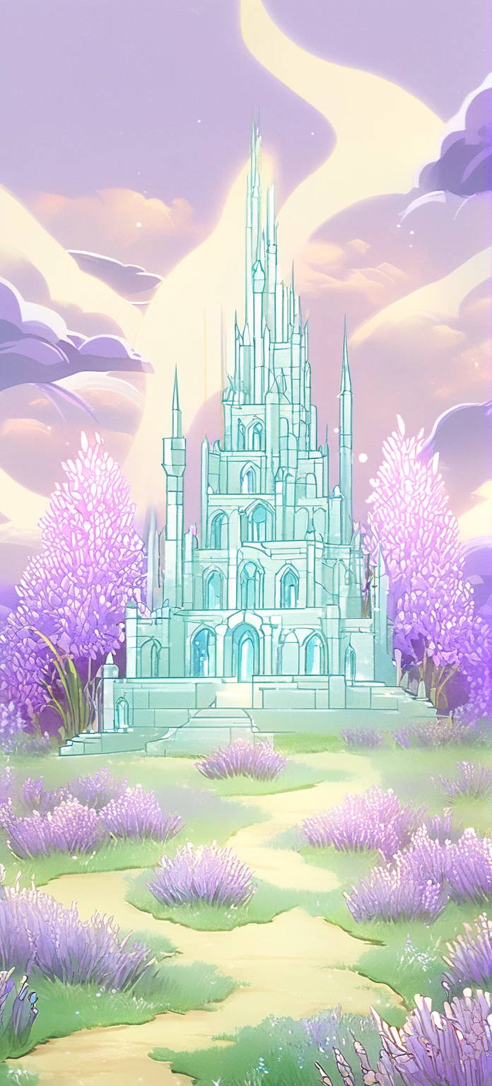 Cristal pillars of a castle made of diamonds in front and floor made of light crystals lilac backgroud of lavender fields, sky background light blue with clouds, fields green with mounts background