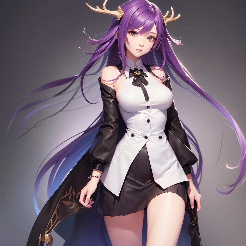 Create an image of a woman with a confident and intellectual demeanor, representing an MBTI debater (ENTP) type. She is wearing a stylish purple outfit that exudes authority and sophistication. She has deer antlers growing from her head, adding a mystical and unique element to her appearance. The background should be a modern, dynamic setting that reflects her innovative and curious personality.