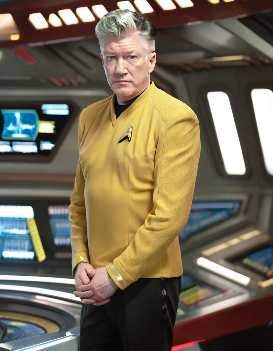 David Lynch in yellow stsnwunf uniform,on starship bridge,