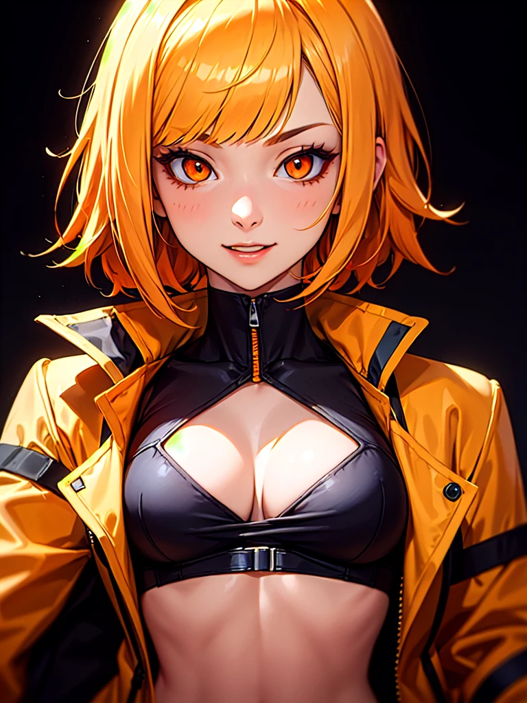 ((Portrait)), She has a Cheerful and Striking Appearance, with a Vibrant Charm, Fair Skin, and a Slender Build. She Expresses a Crazy and Enthusiastic Look, Giving Off an Energetic Attitude. She has Bright Orange Eyes, and Her Hair is Short and Tousled, Light Blonde, with Soft Bangs Framing Her Face. She Wears an Open Orange Jacket with a Black Crop Top, Revealing Her Chest. ((Portrait, HDR, Dark Background))