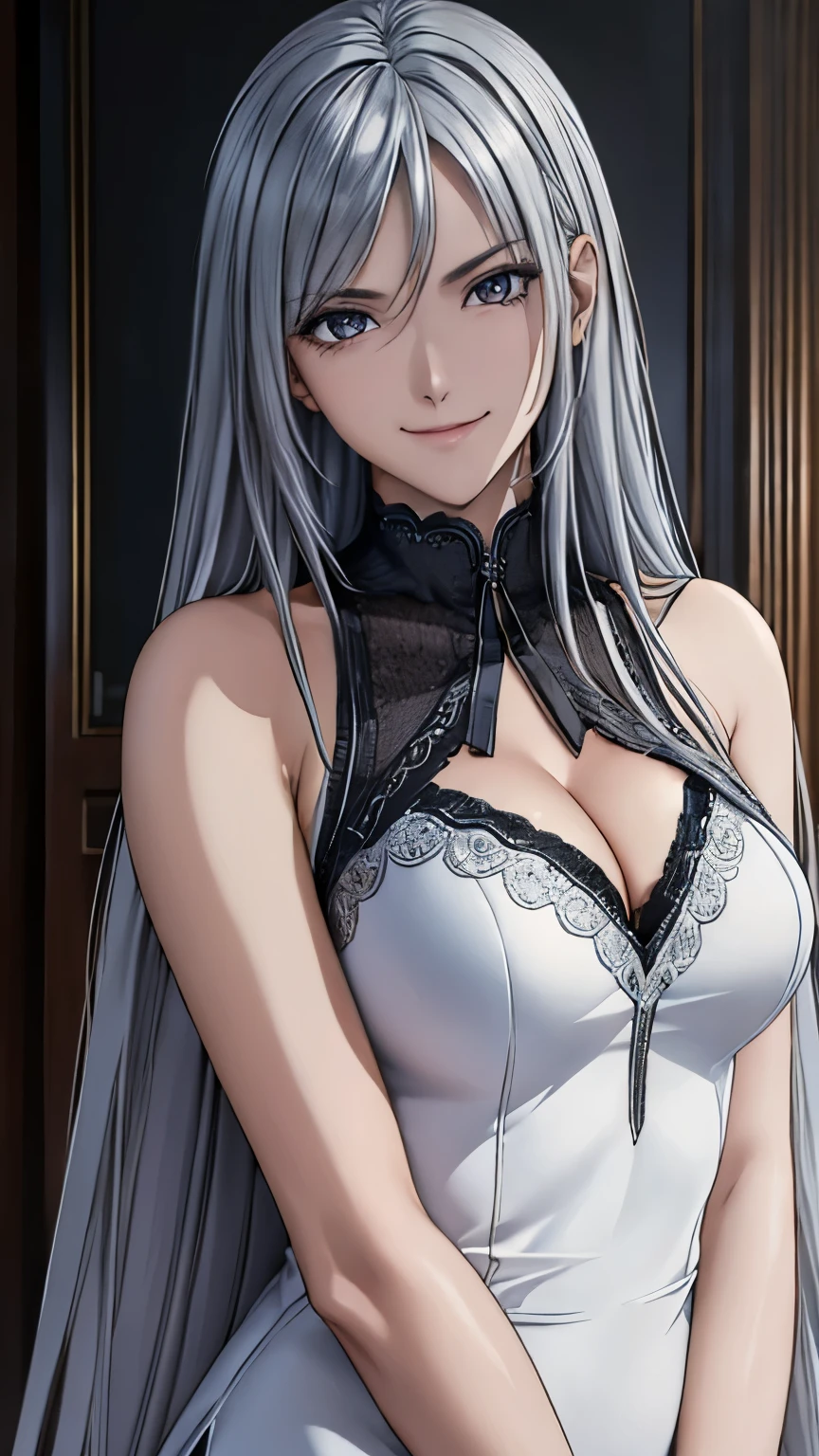 (Harf shot),(surreal), (figure), (Improved resolution), (8K), (very detailed), (Best figure), (beautiful and detailed eyes), (highest quality), (super detailed), (masterpiece ), ( wallpaper), (detailed face), alone, 1 girl, looking at the viewer, small details, detailed face, in the dark, deep shadow, red eye, discreet key, Pure erotic face ace_V1, smile, long hair, silver shawl straight hair , 46 point diagonal bangs
