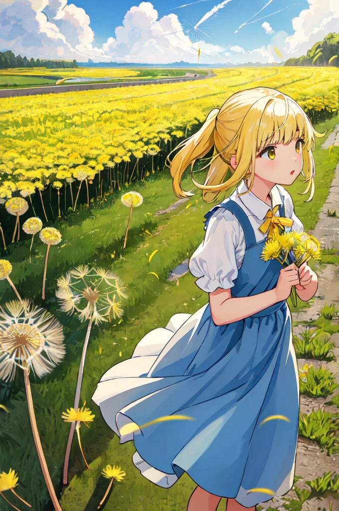 high resolution、There are some yellow dandelions on the roadside.、
Girl picking up dandelion fluff。Blow away the fluff、Flying in the sky。The girl's clothes are brightly colored dresses.