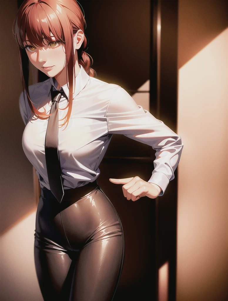 detailed shiny skin, (realistic, photo-realistic:1.4), a pretty girl, standing, looking out of window, white shirt, collared shirt, black necktie, black trousers, long sleeves, slight smile (nose blush), yellow eyes + ringed eyes, short hair + red hair + long braided hair, makima \(chainsaw man\)