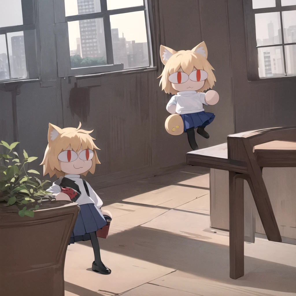 (masterpiece, best quality:1.2),  necoarc, slit pupils, cat ears, blonde hair, red eyes, chibi, 1boy, solo, white turtleneck, blue skirt, pleated skirt, brown footwear, pantyhose, near a window, inside a room, highlight thighs, landscape