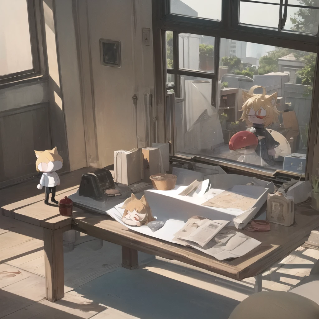 (masterpiece, best quality:1.2),  necoarc, slit pupils, cat ears, blonde hair, red eyes, chibi, 1boy, solo, white turtleneck, blue skirt, pleated skirt, brown footwear, pantyhose, near a window, inside a room, highlight thighs, landscape