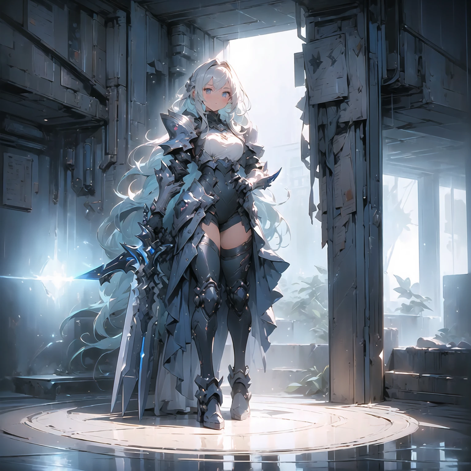 (((masterpiece, best quality, high detailed, 8k))) Design a layout showcase Gaming character, (1girl). Silver|Blue clothes, stylish and unique. ((showcase weapon:1.4)), lightning rod. (masterpiece:1.2), (best quality), 4k, ultra-detailed. (Step by step design, layout art:1.5), (luminous lighting, atmospheric lighting). storm mage, ((glove full hands)), (((revealing clothes:1.3))), vambraces, armored legwear, (((full_body_shot:1.4))). {During a thunderstorm}.