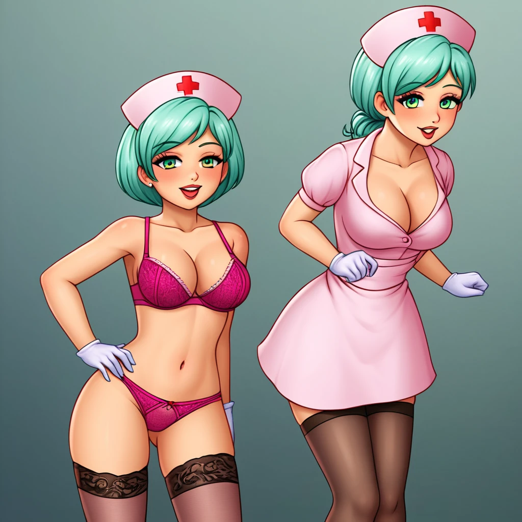 In a dimly lit hospital room, a sultry young female nurse stands out against the somber backdrop. Dressed in lacy lingerie, thigh-high stockings, and a nurse's cap, she exudes seductive mystery. Soft, warm glow illuminates her low-cut pink top showcasing ample cleavage, while white gloves add sophistication. Her gaze invites the viewer to step into her world. Ornate medical equipment and eerie shadows hint at gothic horror elements in the background. The nurse's cap and white gloves nod to darker undertones, balancing provocative themes with elegance.