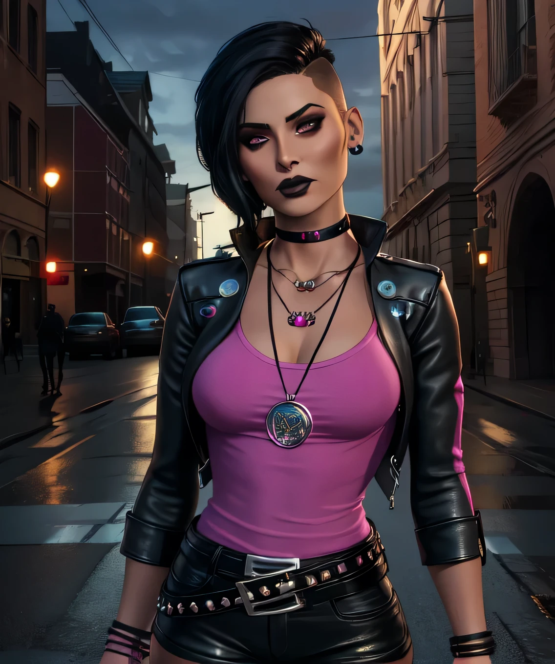 nico,piercing,nose piercing,black hair,hair to side,black lips,short short hair, brown eyes, 
earrings,necklace,leather jacket,pink shirt,belt,black pants,bracelet,choker,
standing,upper body,
night,outside,cathedral,
(insanely detailed, beautiful detailed face,beautiful detailed eyes, masterpiece, best quality),solo,