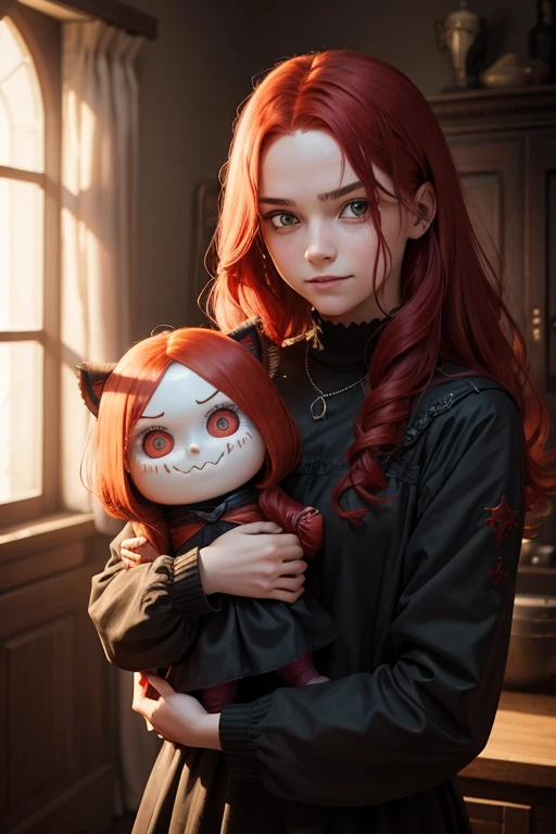 A 15-year-old woman with red hair and an evil haunting smile , holding a scary and cursed looking doll