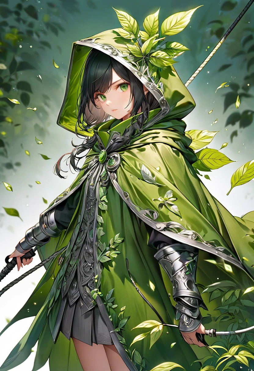 an extremely detailed green cloak made of leaves with a metal bladed whip