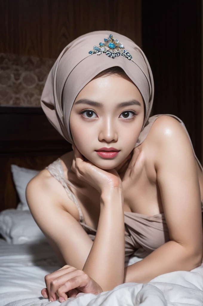 (Fullbody:1.2) portrait of a beautiful indonesian girl in bare body, long simple headscarf, serene expression, detailed facial features, flawless make-up, intricate embroidered patterns, slim body, lying, elegant pose, on bed, soft natural lighting, photorealistic, highly detailed, 8k, cinematic, dramatic, warm color tones, fix hand