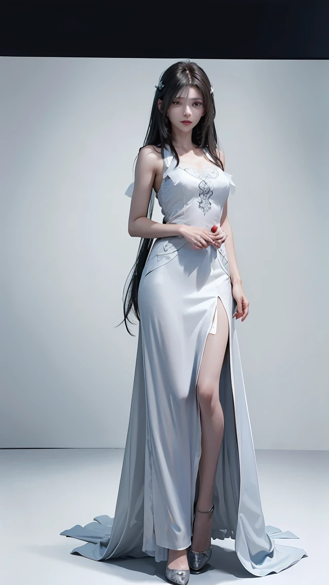 a cut girl with long hair, wearing , full-body, white background, clean background, full body shot:1.2, Detailed face, detailed eyes, detailed nose, detailed mouth,((UHD,masterpiece,super detail,award winning:1.4,best quality:1.2,highres,high quality))