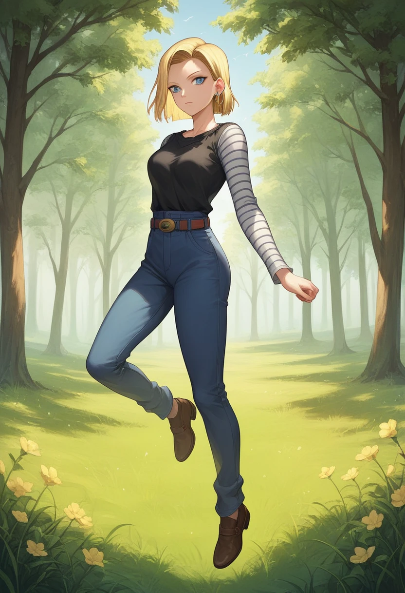 masterpiece, Detailed face, 
Android 18,  Buu Saga, , One girl, alone, View your viewers, short hair, blue eyes, Blonde, clavicle, 
Field, wood, forest, whole body, Hovering, 
Hollow, 
Black Shirt, Long sleeve, Striped sleeves, Hoop Earrings, shoes, オレンジ色のshoes下, belt, High waist pants,
 