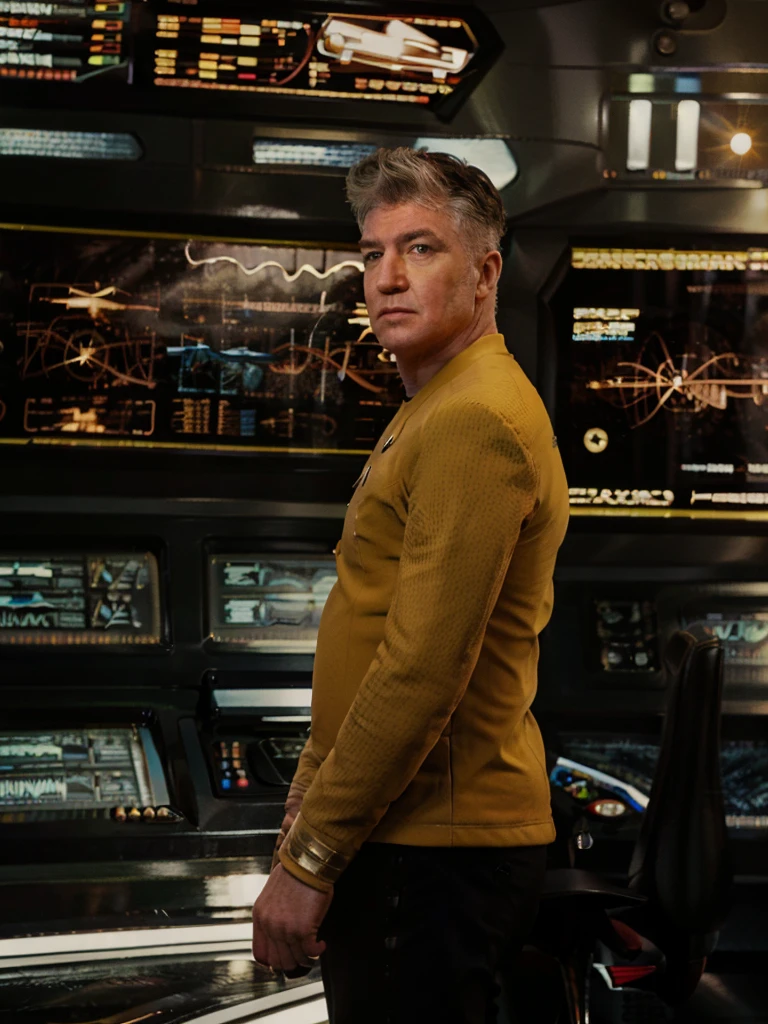 David Lynch in yellow stsnwunf uniform,on starship bridge,