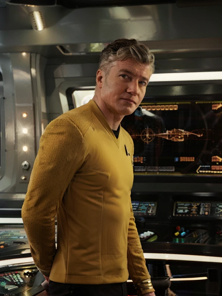 David Lynch in yellow stsnwunf uniform,on starship bridge,