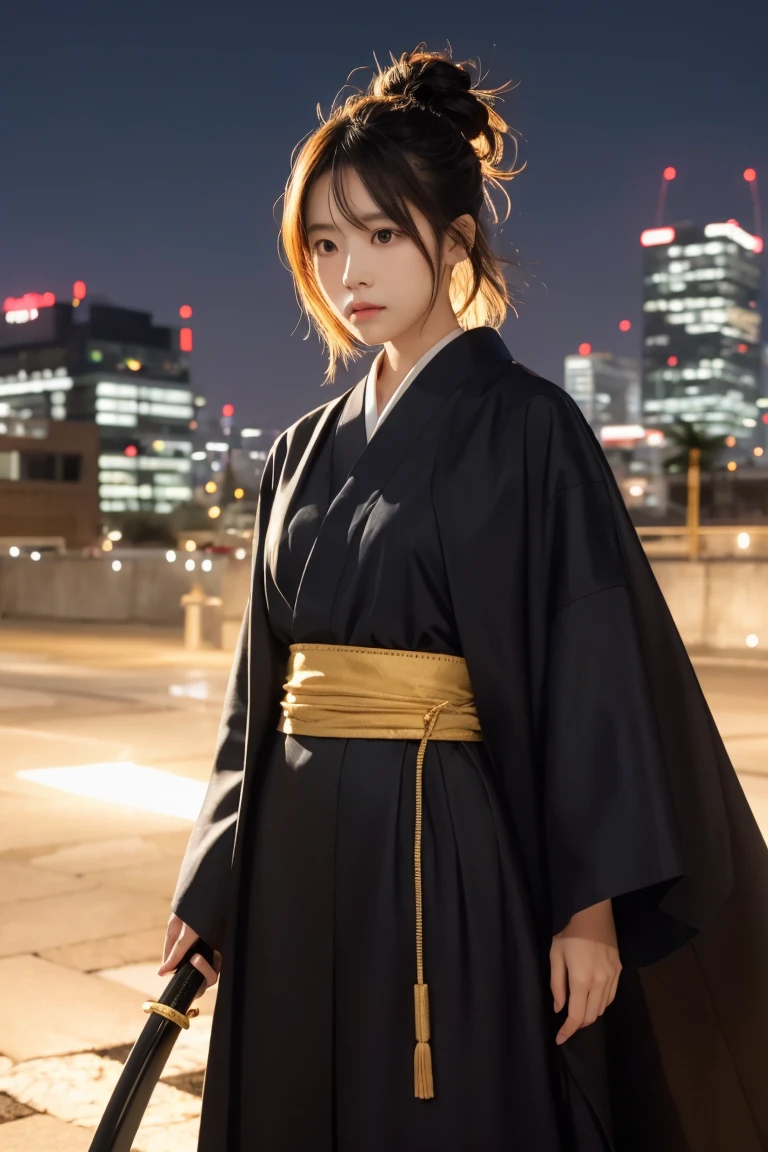 A Japanese-style female character with short yellow hair, wearing a black outfit and a yellow Japanese-style cloak, holding a katana, amidst a city at night with numerous golden lightning bolts, golden light, striking lightning, and golden yellow sparkles.