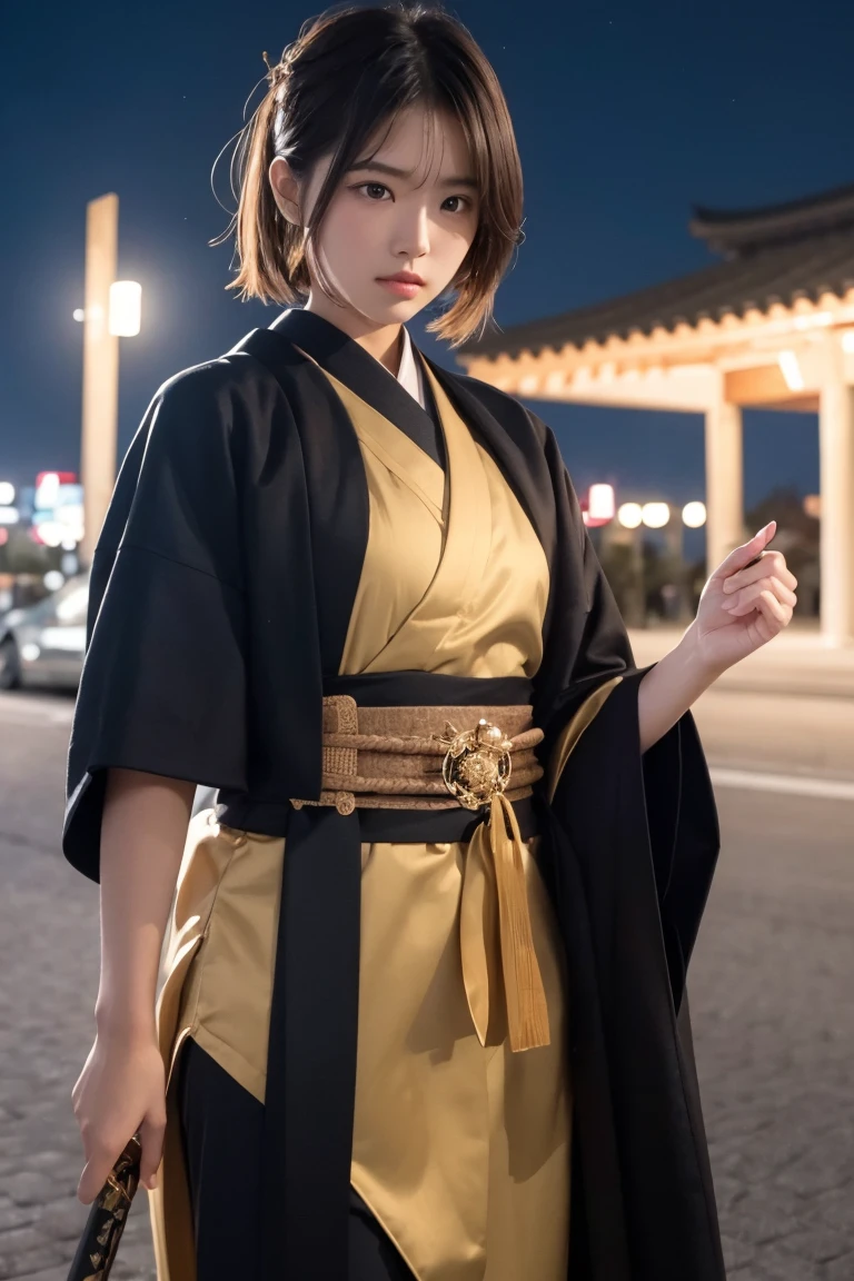 A Japanese-style female character with short yellow hair, wearing a black outfit and a yellow Japanese-style cloak, holding a katana, amidst a city at night with numerous golden lightning bolts, golden light, striking lightning, and golden yellow sparkles.