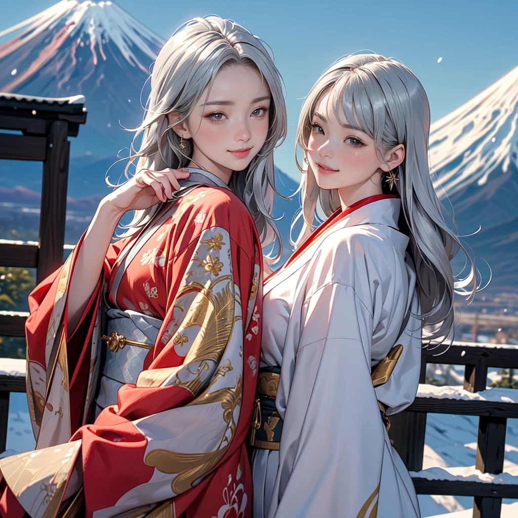 ((8K, RAW Photos, Highest quality, masterpiece)), ((Showing the kimono from the obi up:1.5)), High-resolution RAW color photos、
((Facing forward:1.7)),Professional close-up photography, (Realistic, フォトrealism: 1.37),
(Highest quality), (Best Shadow), (Best illustrations),
High-quality images、Skin Radiance、Texture of skin and clothing、
Expression of fine eyes、Shiny Hair,Long Hair Girl, Manga inspired by Lee Jong-suk,
Trending on deviantart, realism, detailed manga style, Manga art style,
Perfect Line Drawing, Beautiful line art, digital manga art girl, K-POPアイドル,
Beautiful brown eyes, Fuller lips, Gorgeous face with attention to detail,
(Cute Smile), attractive, Innocent, (Perfectly detailed face),
(Detailed and carefully drawn hand) Photorealistic images, Written boundary depth,
(Japanese style princess cut hairstyle:1.5),
best quality, masterpiece, New Year,
((Kimono with strikingly beautiful colorful colors, red, Silver, gold:1.7)),
Three Japanese high-school cute girls, ((looking straight:1.7)),
((gently smiling:1.7)),
((upper arms hidden by clothes and hair:1.5)),
(innocent and pure high-school-girls:1.7)
((white short scarf:1.2)), ((white feather shawl:1.2)),
(separately side by side:1.5),
shrine background, (mount Fuji:1.3), ((snow))
winter(season), (outdoors:1.5)