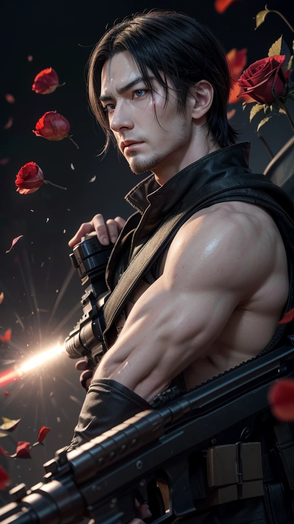 one men, (((独奏)))), (looking 35 years old, pale skin, Cao Cao, pale skin, Round face, squared chin, olhar furioso, shining blue eyes: 1.85, black long straigh hair with bangs: 1.50, thick eyebrow, serious face), (he is an american sniper, wears military attire, but well aligned and carries a weapon like "sniper"), (he is covered in blood and has red rose petals floating around him, your eyes glow in an intense red light), (he holds a sniper rifle), (it's floating, descending from the heavens to combat), and the bottom is solid, the focus is just the character.
