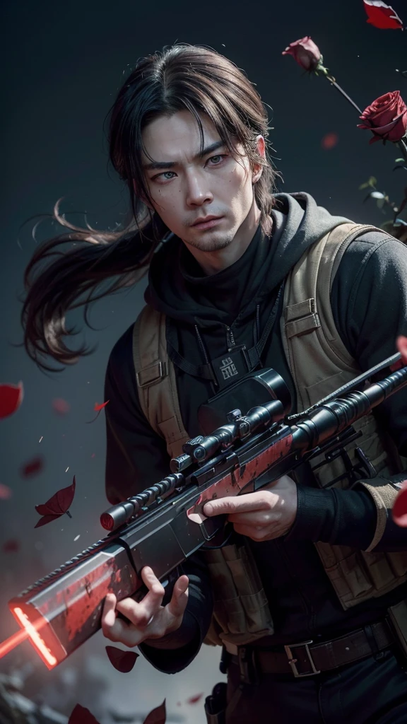 one men, (((独奏)))), (looking 35 years old, pale skin, Cao Cao, pale skin, Round face, squared chin, olhar furioso, shining blue eyes: 1.85, black long straigh hair with bangs: 1.50, thick eyebrow, serious face), (he is an american sniper, wears military attire, but well aligned and carries a weapon like "sniper"), (he is covered in blood and has red rose petals floating around him, your eyes glow in an intense red light), (he holds a sniper rifle), (it's floating, descending from the heavens to combat), and the bottom is solid, the focus is just the character.