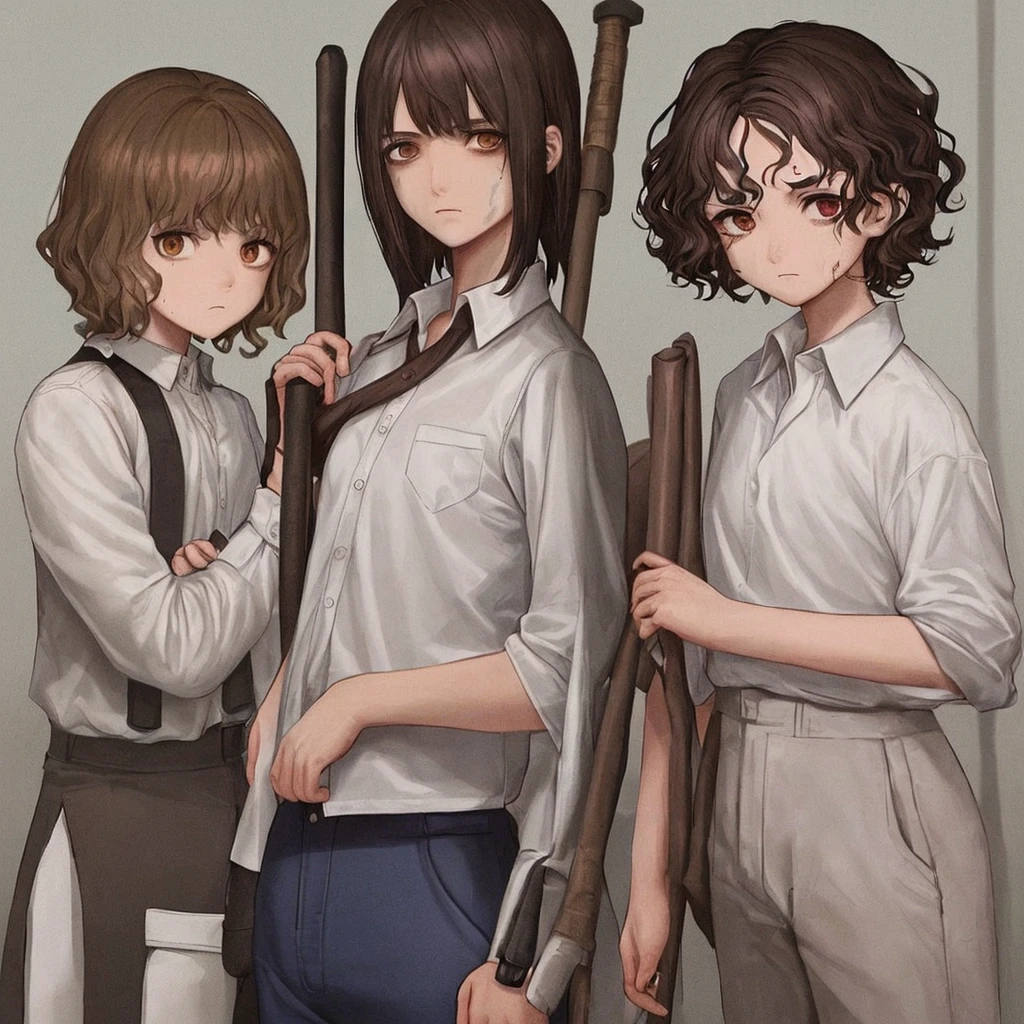 1 girl with curly hair of medium size, brown hair color, honey eye color with 2 moles on the right side of her face and white skin color, wearing a uniform with a white shirt, dark blue pants with a white line on the pants, clothes with blood holding an ax in his hand, 1 with medium straight hair, brown color, dark brown eyes and white skin color, uniform with a white shirt with dark blue pants with a line on the pants with blood on the clothes holding a broom, 1 other girl with short brown hair, brown eyes and white skin color, uniform, white shirt with dark blue pants with a white line and blood, holding a broom, 1 boy with brown hair and very short, small size and dark brown eyes with a white shirt and dark blue pants full of blood holding a baseball bat and his skin color is brown, all of them with a somewhat sad face, all of them with their entire body facing forward, looking at the camera, the scene behind them was a school in front with some zombies, the lighting is a little dark but you can see everything, the four of them together in the same place, They are all teenagers and in high school 
