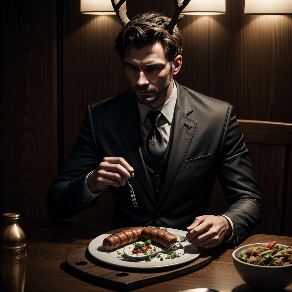 A deer in a business suit sits at the dinner table, holds a fork in one of his hands and eats a sausage. , detailed face and body, ultra-detailed, 8K, photorealistic, dramatic lighting, cinematic composition, moody colors