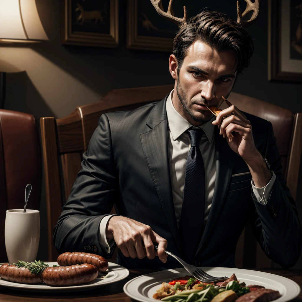 A deer in a business suit sits at the dinner table, holds a fork in one of his hands and eats a sausage. , detailed face and body, ultra-detailed, 8K, photorealistic, dramatic lighting, cinematic composition, moody colors