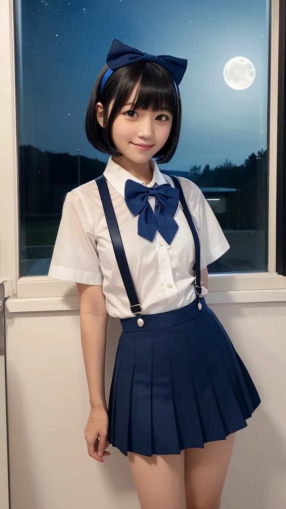Japanese, high school girl, smile, young face, black hair, bob cut hair, blue hairband, short-sleeved white shirt, blue bow tie on collar, blue suspenders, blue pleated skirt, black socks, blue shoes, school, window, mysterious, starry night, full moon night, standing in front of the toilet