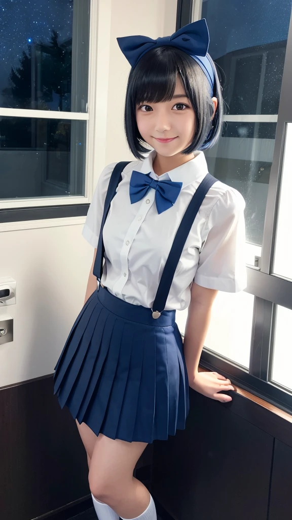 Japanese, high school girl, smile, young face, black hair, bob cut hair, blue hairband, short-sleeved white shirt, blue bow tie on collar, blue suspenders, blue pleated skirt, black socks, blue shoes, school, window, mysterious, starry night, full moon night, standing in front of the toilet