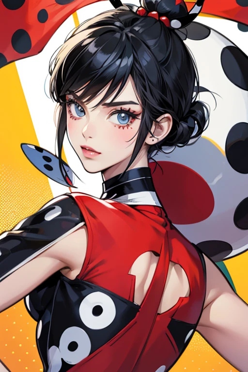 The Ladybug Miraculous holder wears a ladybug patterned domino-mask with a ladybug dress. She wields a ladybug patterned flag. SPARKLE; GLITTER