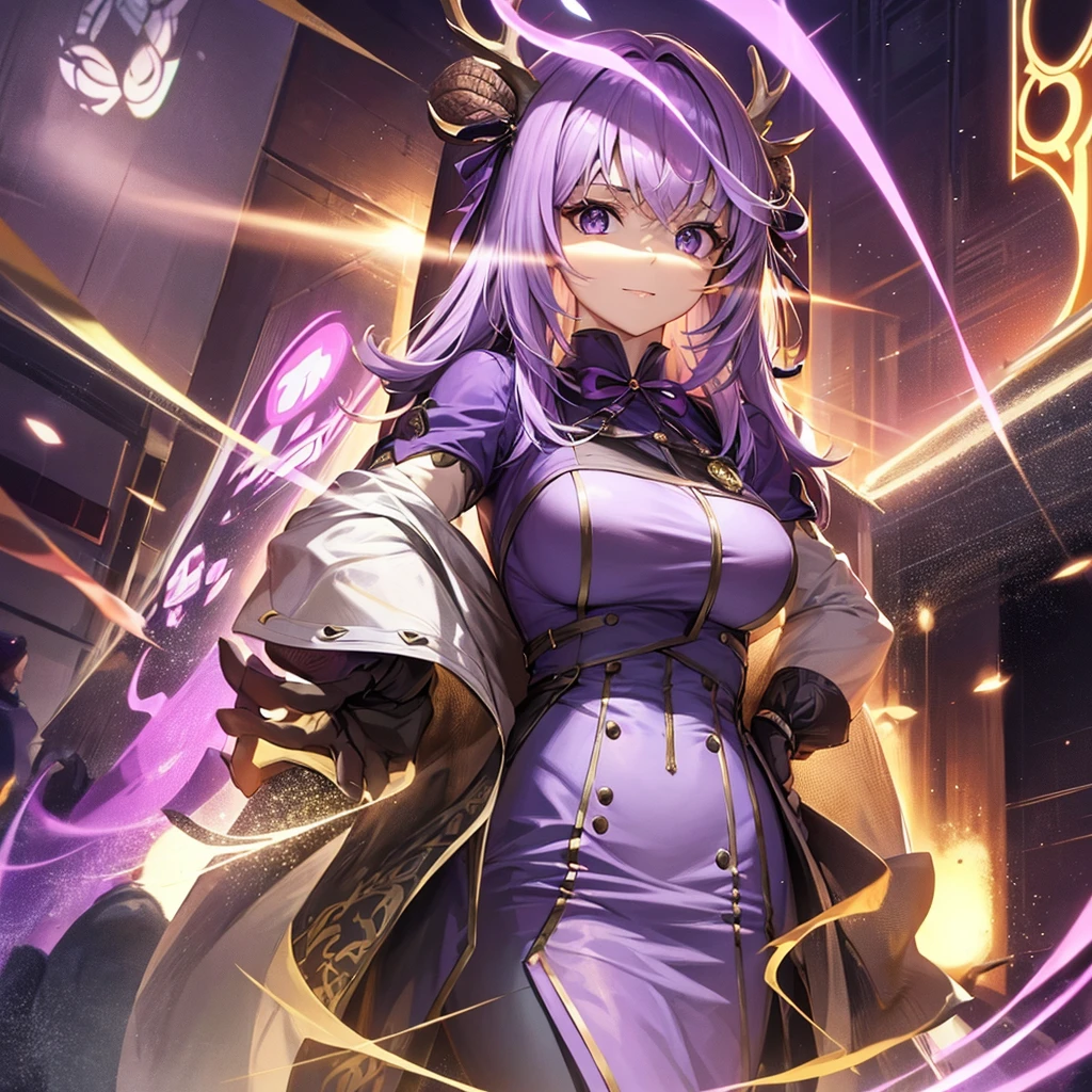 Create an image of a woman with a confident and intellectual demeanor, representing an MBTI debater (ENTP) type. She is wearing a stylish purple outfit that exudes authority and sophistication. She has deer antlers growing from her head, adding a mystical and unique element to her appearance. The background should be a modern, dynamic setting that reflects her innovative and curious personality.