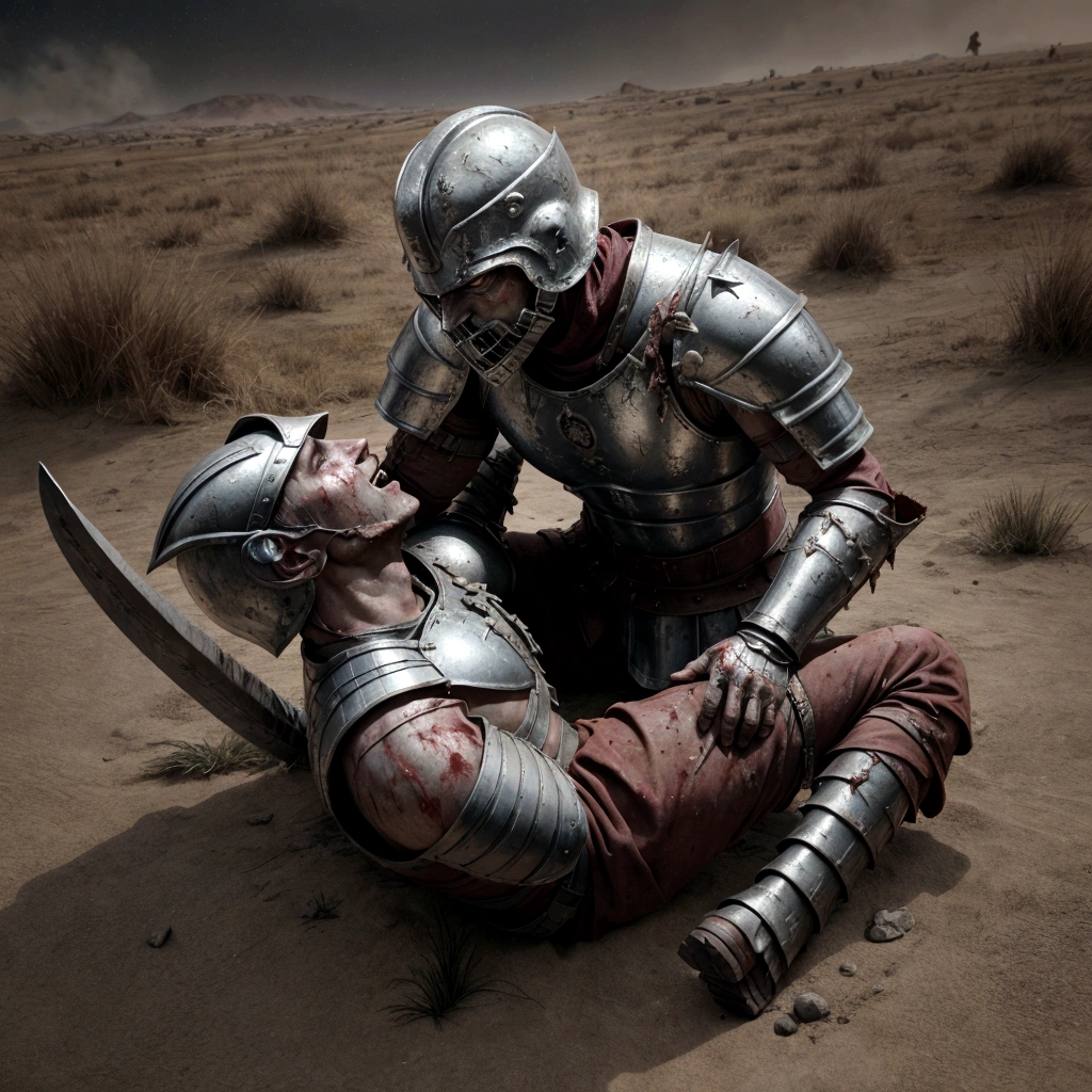 several spartan warriors, dying , bloody armor, on battlefield, on his knees, epic, 8K