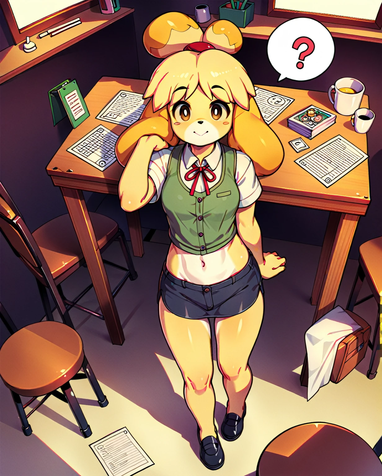 punctuation_8_High above, punctuation_7_High above, punctuation_6_High above, punctuation_5_High above, punctuation_4_High above, anime cloth capture, gazing at viewer,
1 girl, standing alone, Isabelle (Cross between animals), hair blonde, animal ears, furry
High aboveper body, 
DESK, tabletop
