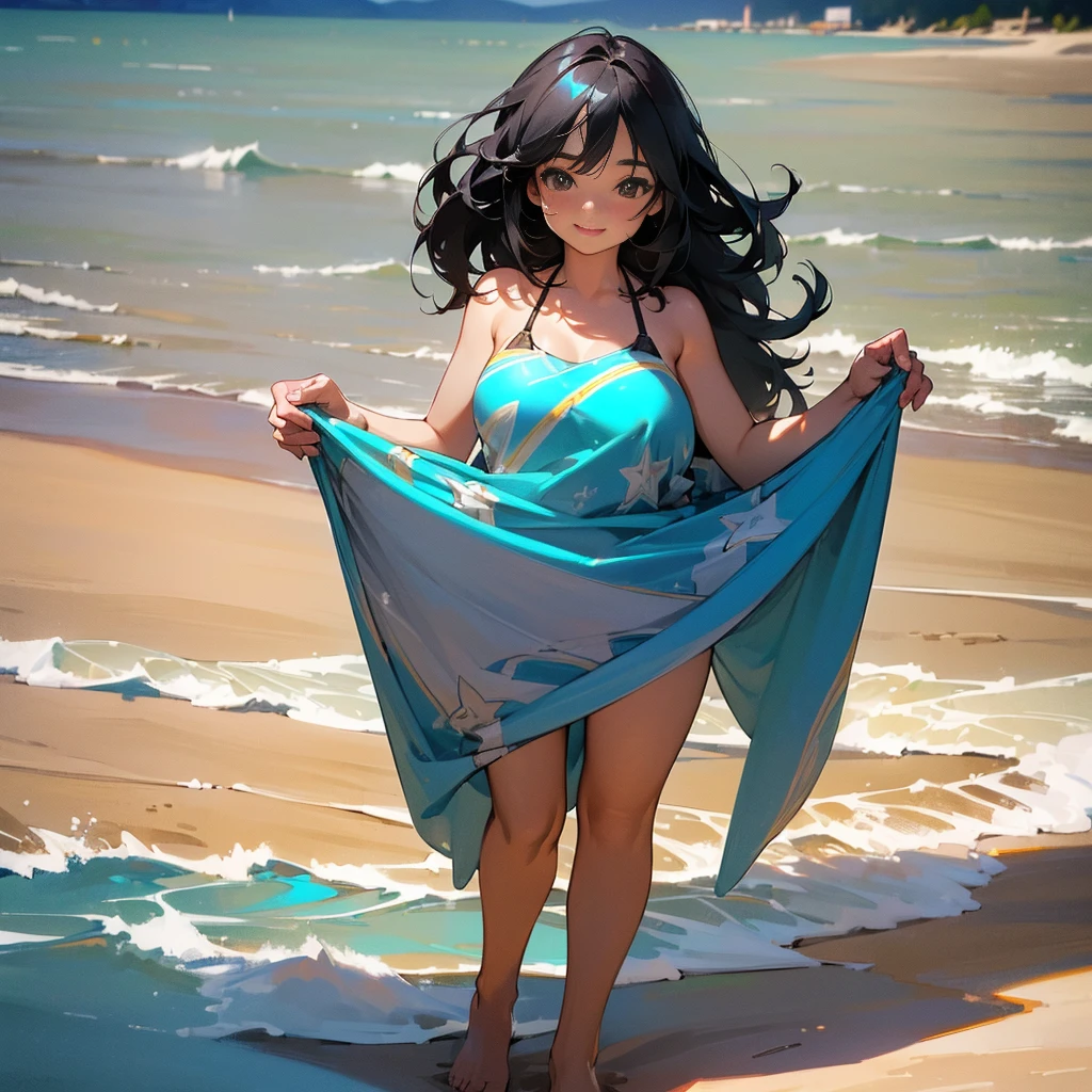(high quality, High resolution, Very detailed, reality:1.37), Peaceful atmosphere, (Sandy Beach), age girl standing alone, (my breasts are big.), Beautiful details, Cute Smile, (Black bob hair), Bikini Swimwear, barefoot.