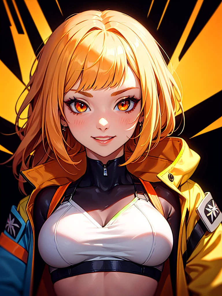 ((Portrait)), She has a Cheerful and Striking Appearance, with a Crazy Charm, Fair Skin, and a Slender Build. She Expresses a Bright and Enthusiastic Look, Giving Off an Energetic Attitude. She has Bright Orange Eyes, and Her Hair is Short and Tousled, Light Blonde, with Soft Bangs Framing Her Face. She Wears an Open Orange Jacket with a Black Crop Top, Revealing Her Breasts. ((Portrait, HDR, Dark Background))