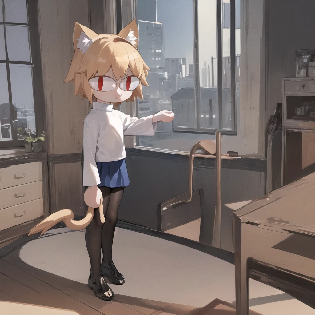 (masterpiece, best quality:1.2), necoarc, slit pupils, cat ears, cat's tail, blonde hair, red eyes, chibi, 1boy, solo, white turtleneck, blue skirt, pleated skirt, brown footwear, pantyhose, near a window, inside a room, highlight thighs, landscape