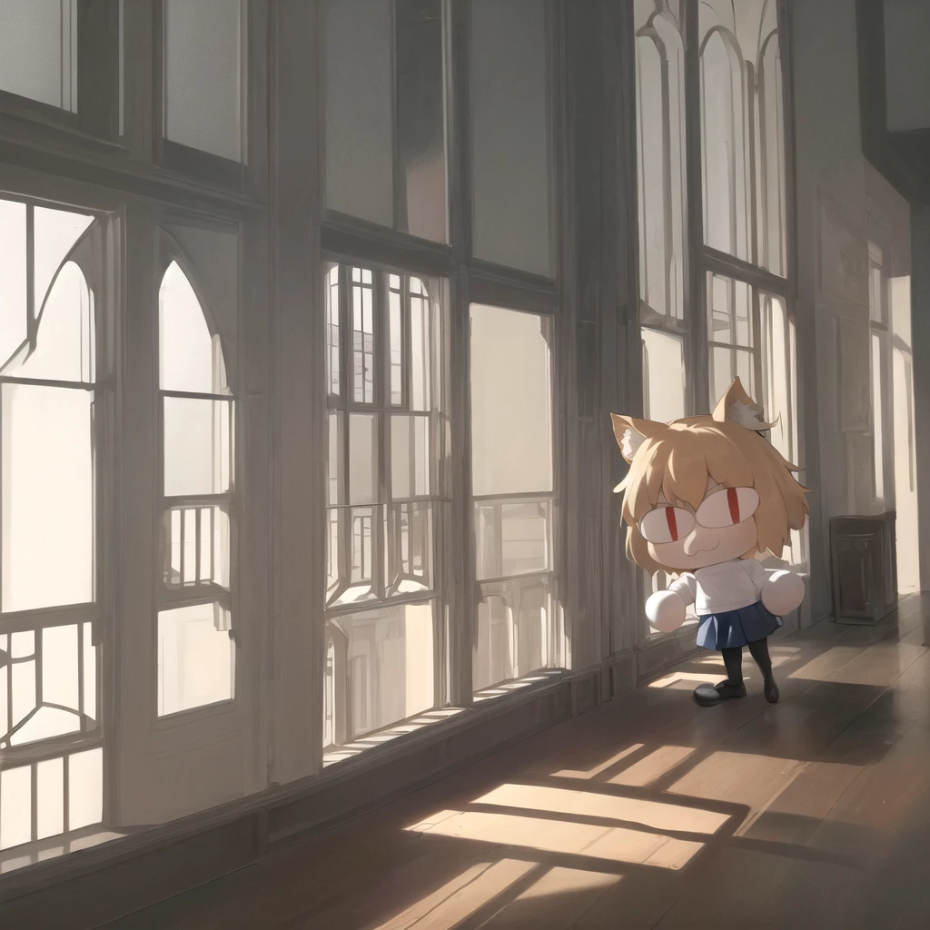 (masterpiece, best quality:1.2), necoarc, slit pupils, cat ears, cat's tail, blonde hair, red eyes, chibi, 1boy, solo, white turtleneck, blue skirt, pleated skirt, brown footwear, pantyhose, near a window, inside a room, highlight thighs, landscape