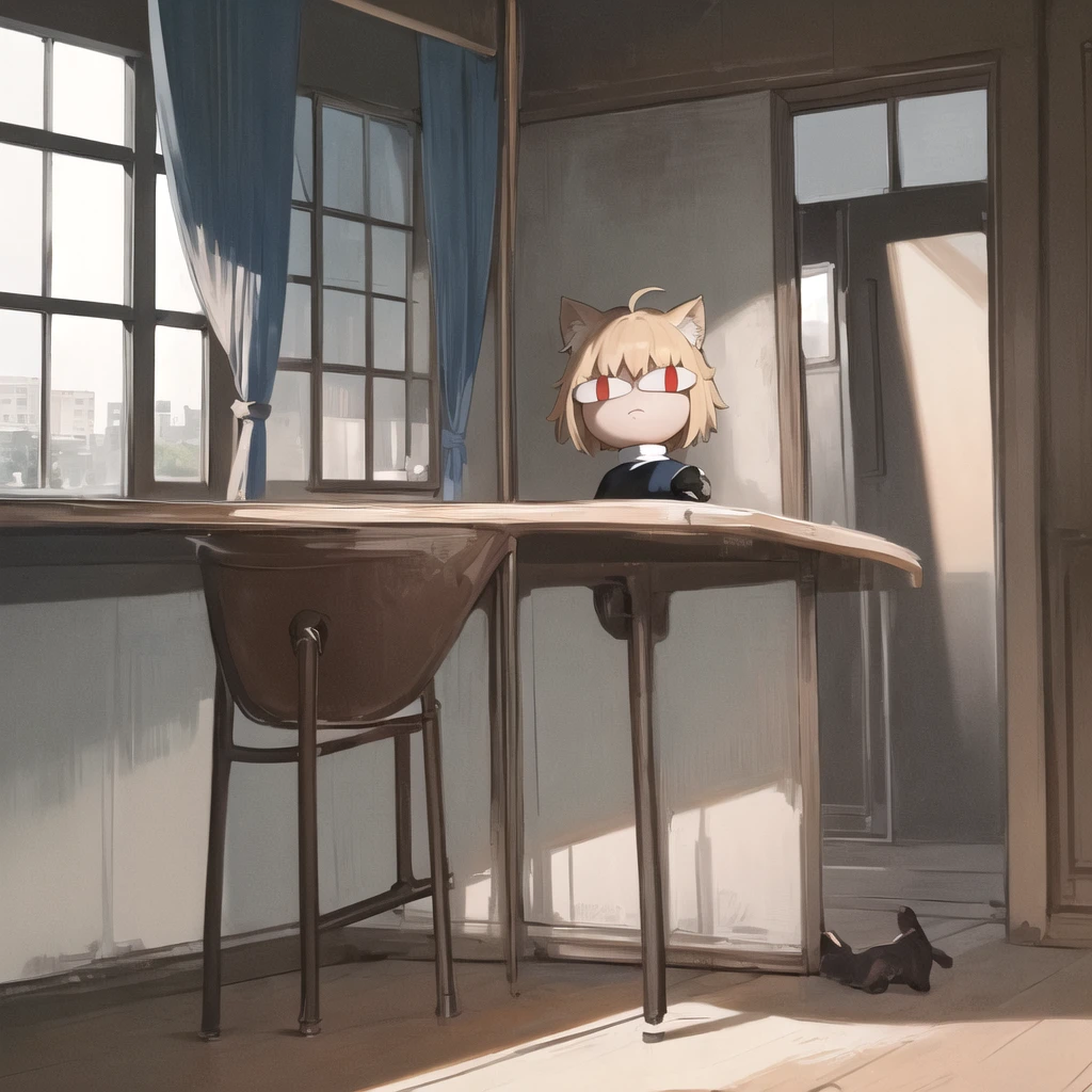 (masterpiece, best quality:1.2), necoarc, slit pupils, cat ears, cat's tail, blonde hair, red eyes, chibi, 1boy, solo, white turtleneck, blue skirt, pleated skirt, brown footwear, pantyhose, near a window, inside a room, highlight thighs, landscape