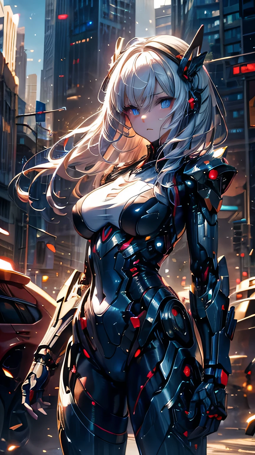 white hair, bangs, long hair, mole under eye, symbol-shaped pupils, cinematic lighting, chiaroscuro, textured skin, masterpiece, high details, super detail, A scene from a science fiction movie. A soldier who works in a city on a different planet from Earth. Wearing a functional bodysuit. The shoulders and arms are equipped with mechanical parts. young woman.