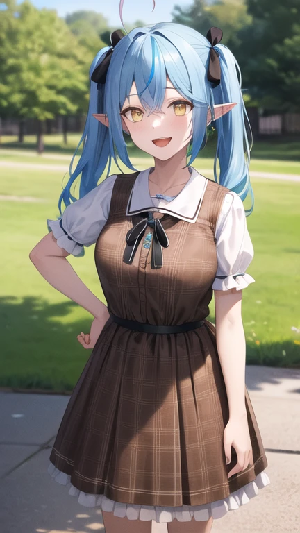masterpiece, best quality, highres, 1girl, ddlamy, twintails, streaked hair, ahoge, hair ribbon, black ribbon, jewelry, plaid, frills, brown dress, short sleeves, cowboy shot, standing, outdoors, park, hand on hip, smile, open mouth,